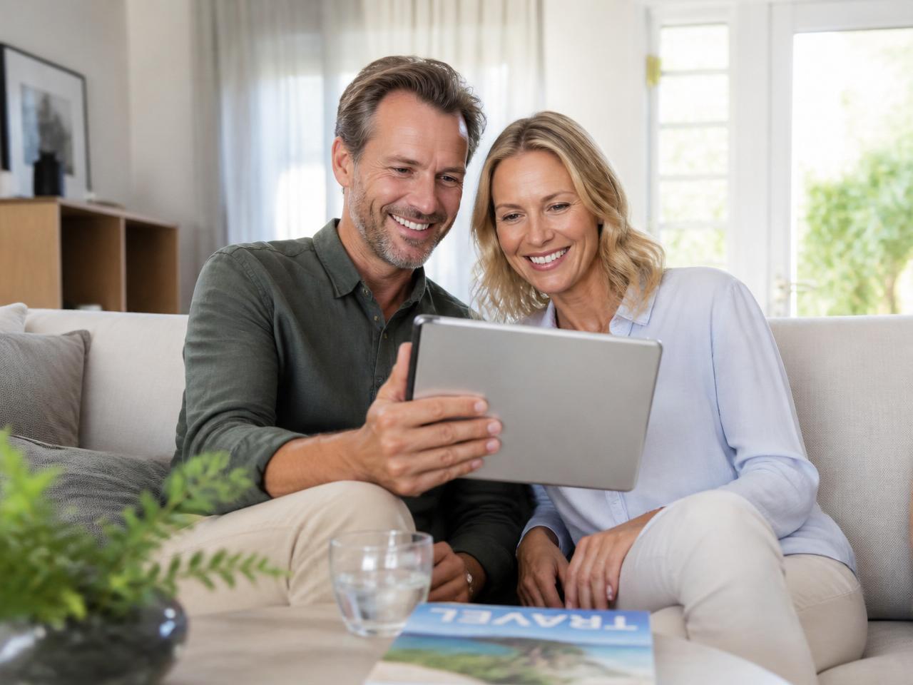 Paar Mitte 50 schaut gemeinsam Reiseziele auf einem Tablet an