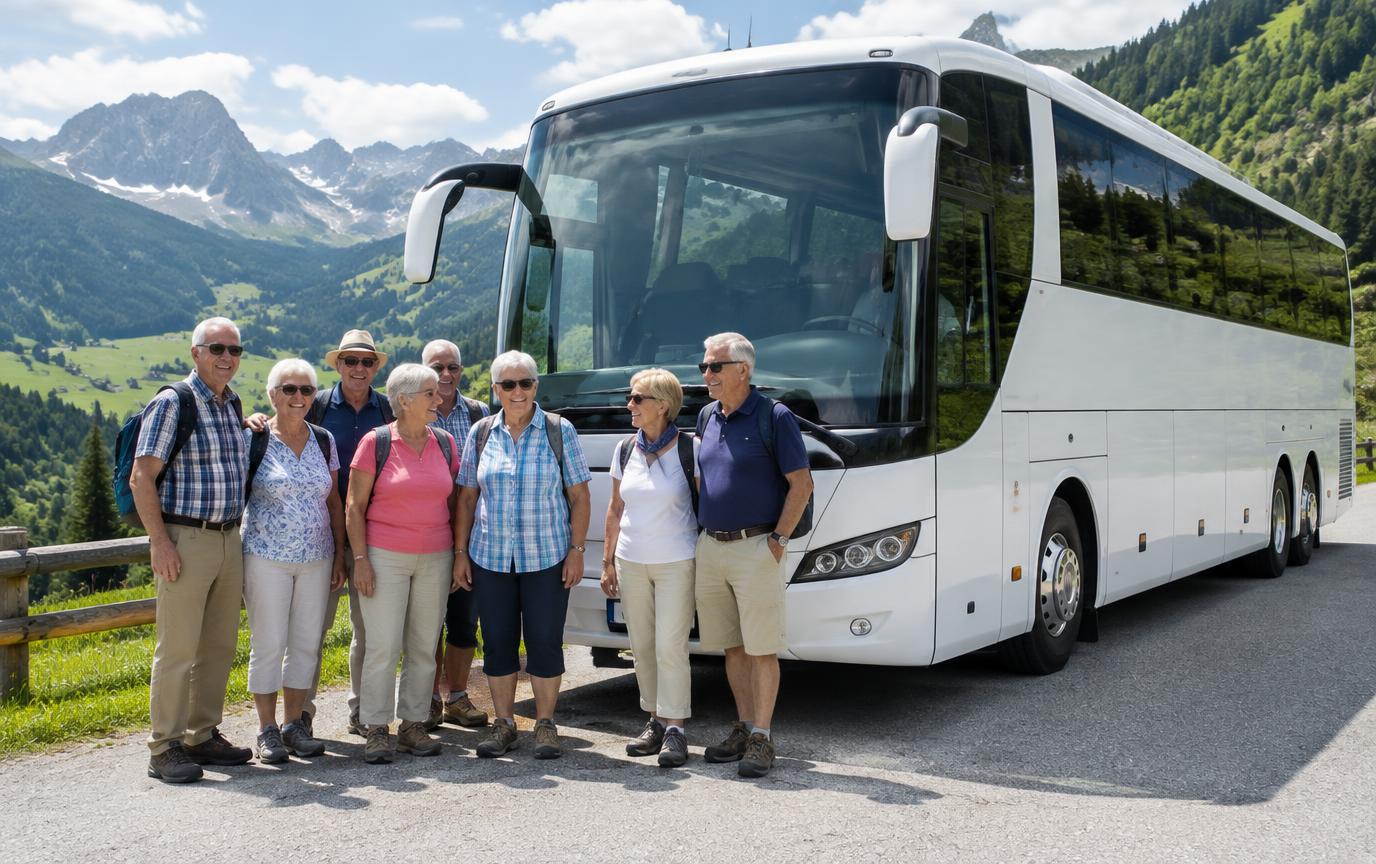Reisebus mit Reisegruppe vor einem Bergpanorama